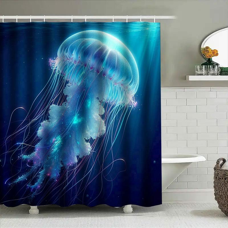 Stunning Blue Jellyfish Shower Curtain For Modern Bathrooms Waterproof Fabric With Fringe Design Perfect Decorative Touch