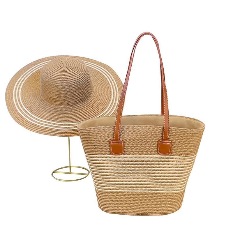 Fashion Striped Women Casual Large Capacity Woven Tote Bag And Sun Hat Set For Beach Vacation And Travel