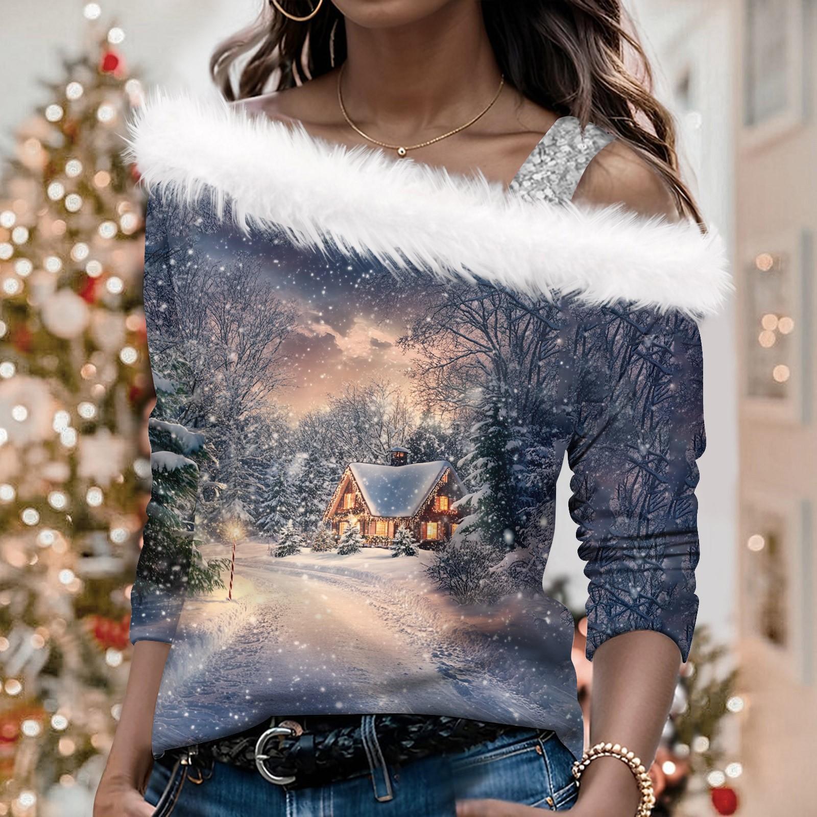 

Женский осенне-зимний пуловер с длинными рукавами и одним плечевым ремнем с рождественским принтом XXL тёмно-синий