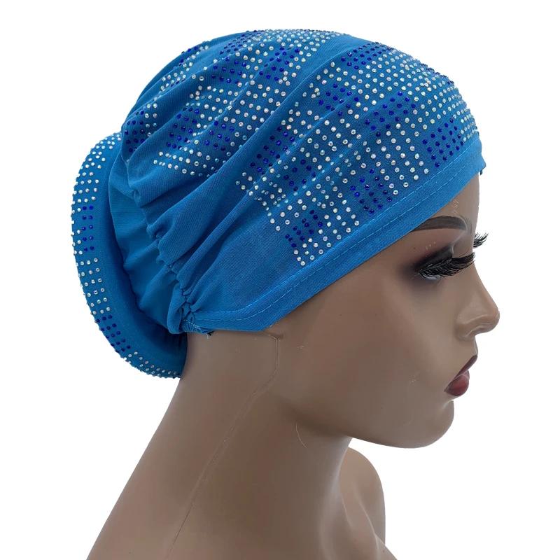New Women Full Diamonds Donut Turban Cap Elastic Muslim Hijab Bonnet Hat Ladies Headband Turbans African India Caps