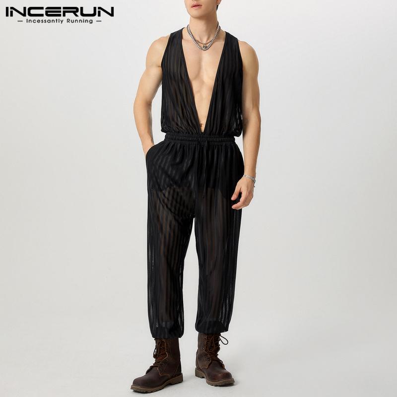 INCERUN Mono de Malla Transparente sin Mangas con Cuello en V Profundo y Cordón para Hombre