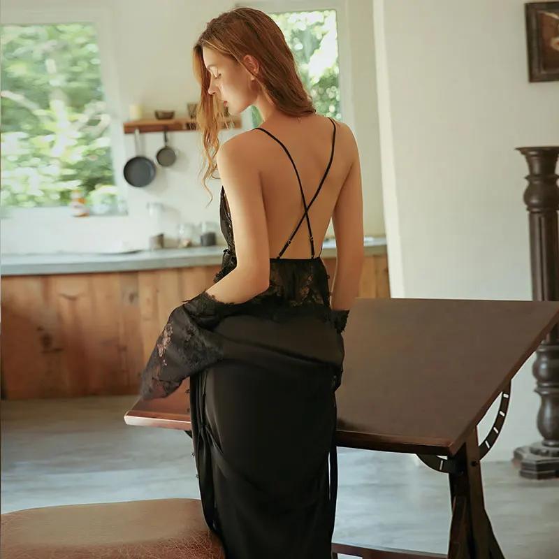 Sexy Spitzenkleid für Damen, Sommer, süße Spitze, einfarbig, Pyjama, rückenfreier Hosenträgerrock, Bademantel, Heimanzug, Nachthemd