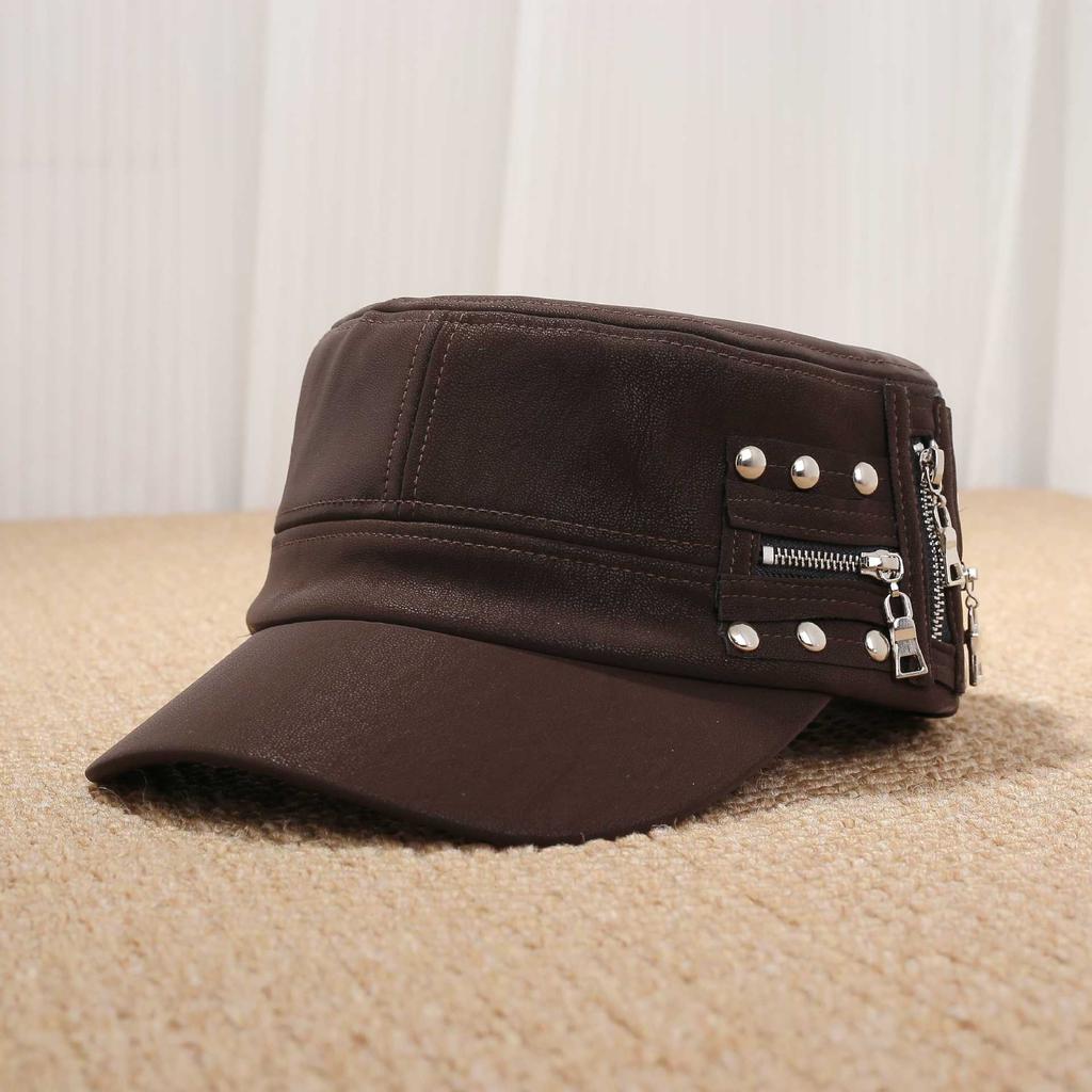 Personalized Rivet Zipper PU Leather Newsboy Hat Female, Retro Locomotive Style Octagonal Cap Autumn and Winter Tide Cool