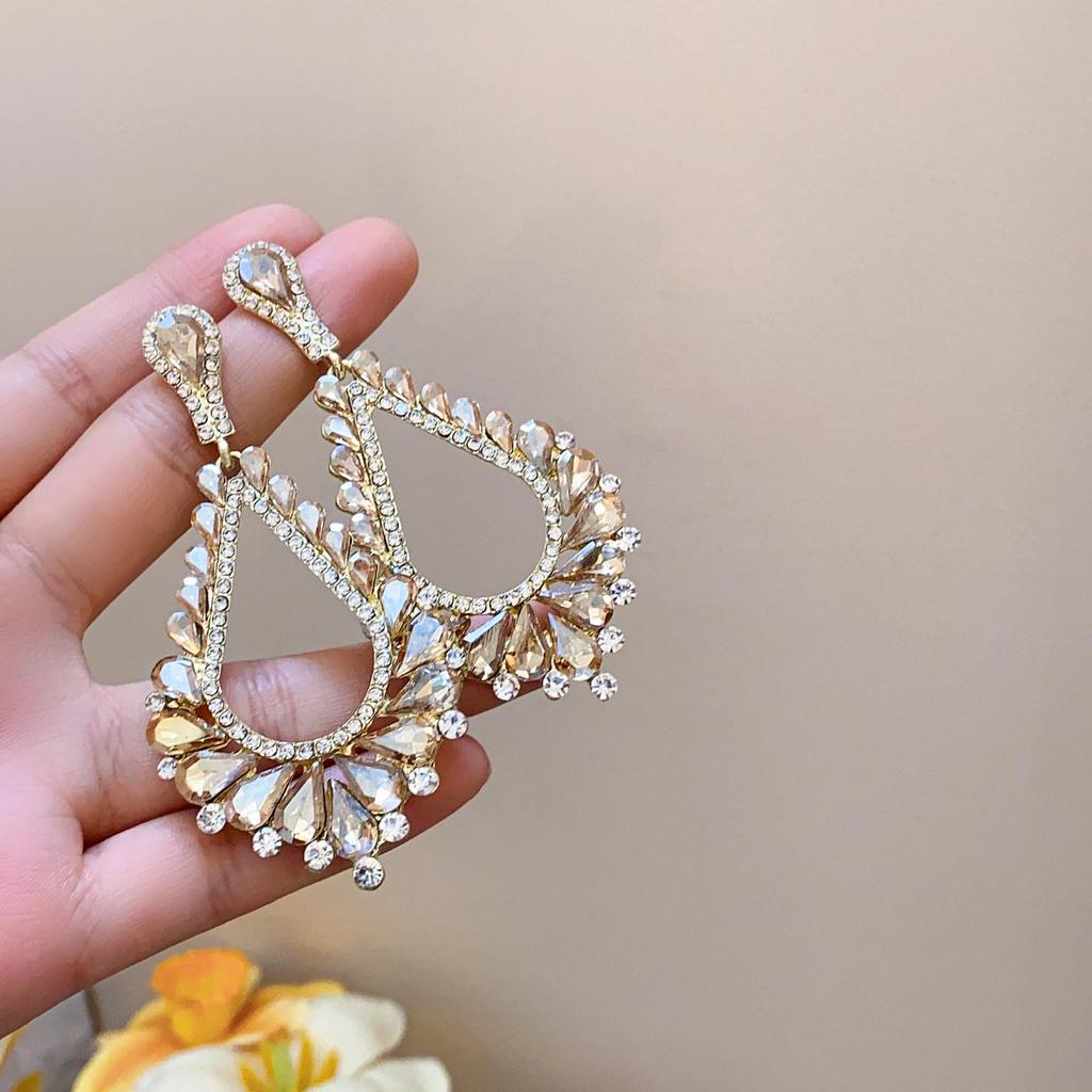 Rhinestone Teardrop Hollow Earrings with Silver Needle - Luxurious, High-End Court Style