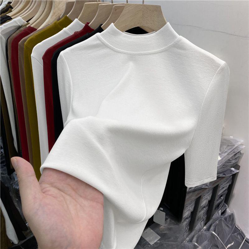 Chic High-Neck Slimming Mid-Sleeve Top (1/2 Piece) - Fashionable Natural Shoulders, Ideal for Spring/Autumn Layering, Body-Conscious Women's T-Shirt