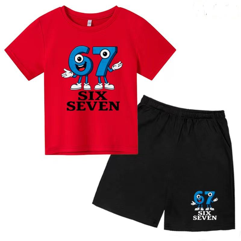 Children Summer Six Seven 67 Cartoon Print Casual Set Clothes T-shirt+Shorts 2P Charming Boy Girl Toddler 3-12 Yrs Short-sleeved
