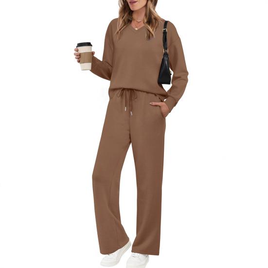 Tenues deux pièces pour femmes Décontractées Automne Tenues d'intérieur Sweatshirts Manches longues Col en V Pantalons larges Ensembles assortis