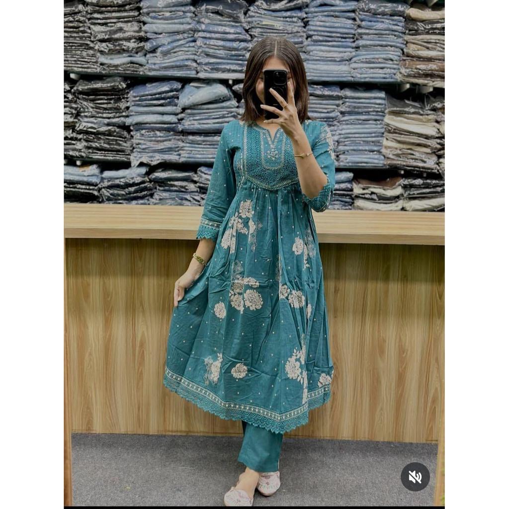 Bellissimo Anarkali Kurta Pakistano in Cotone Completo Kurta Pantaloni da Donna Indiani