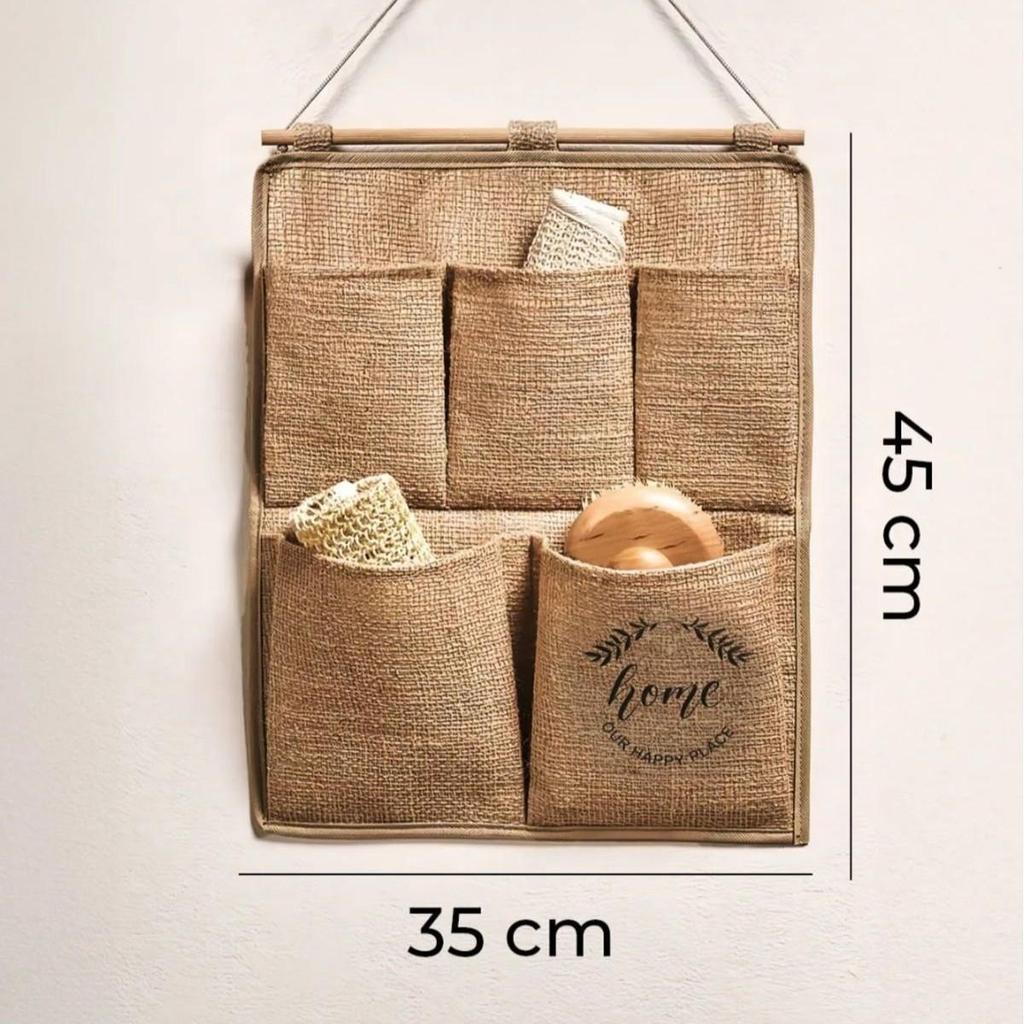 Jute 5 Pocket Multi-Purpose Hanging Wall Type Cabinet Bathroom Kitchen Organizer 35x45