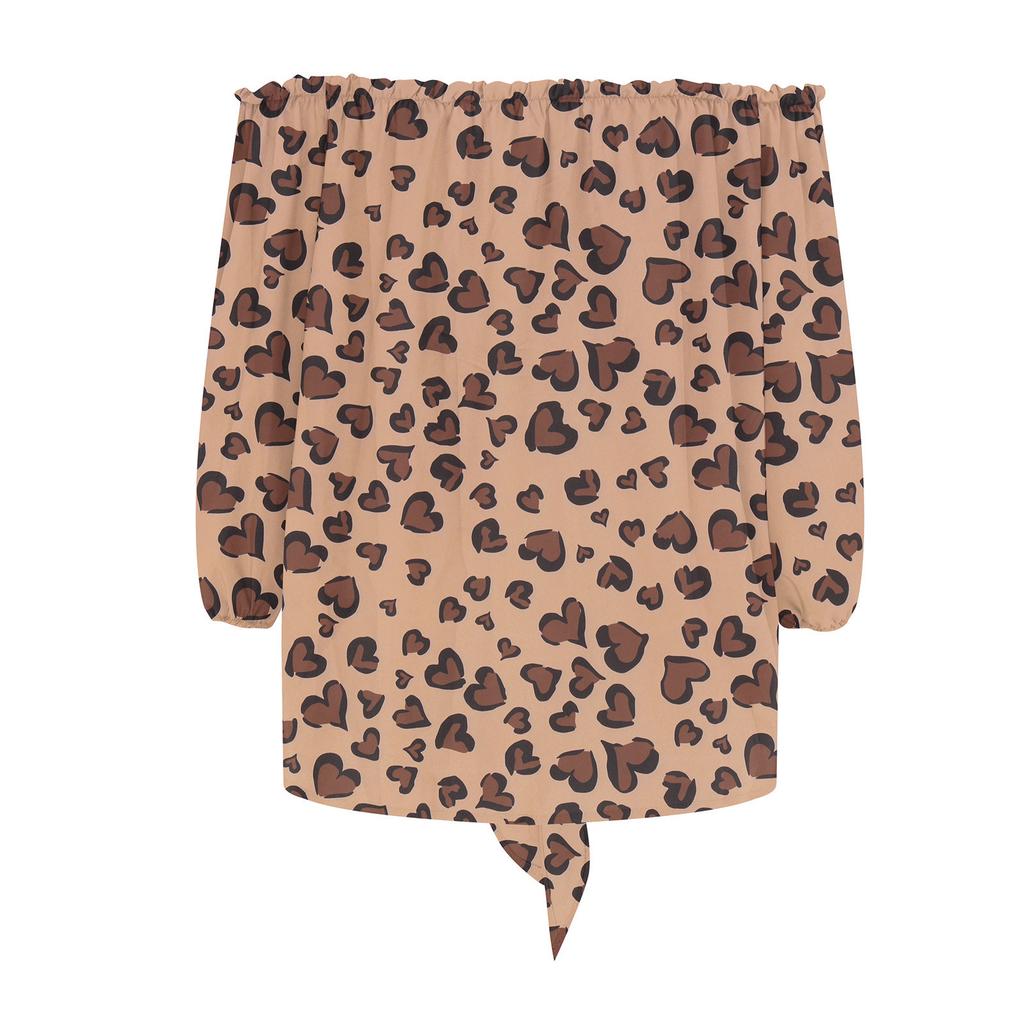 Women's Summer Fasion Loose Print Long--sleeve Bow Tie Neckline Bandage  Top