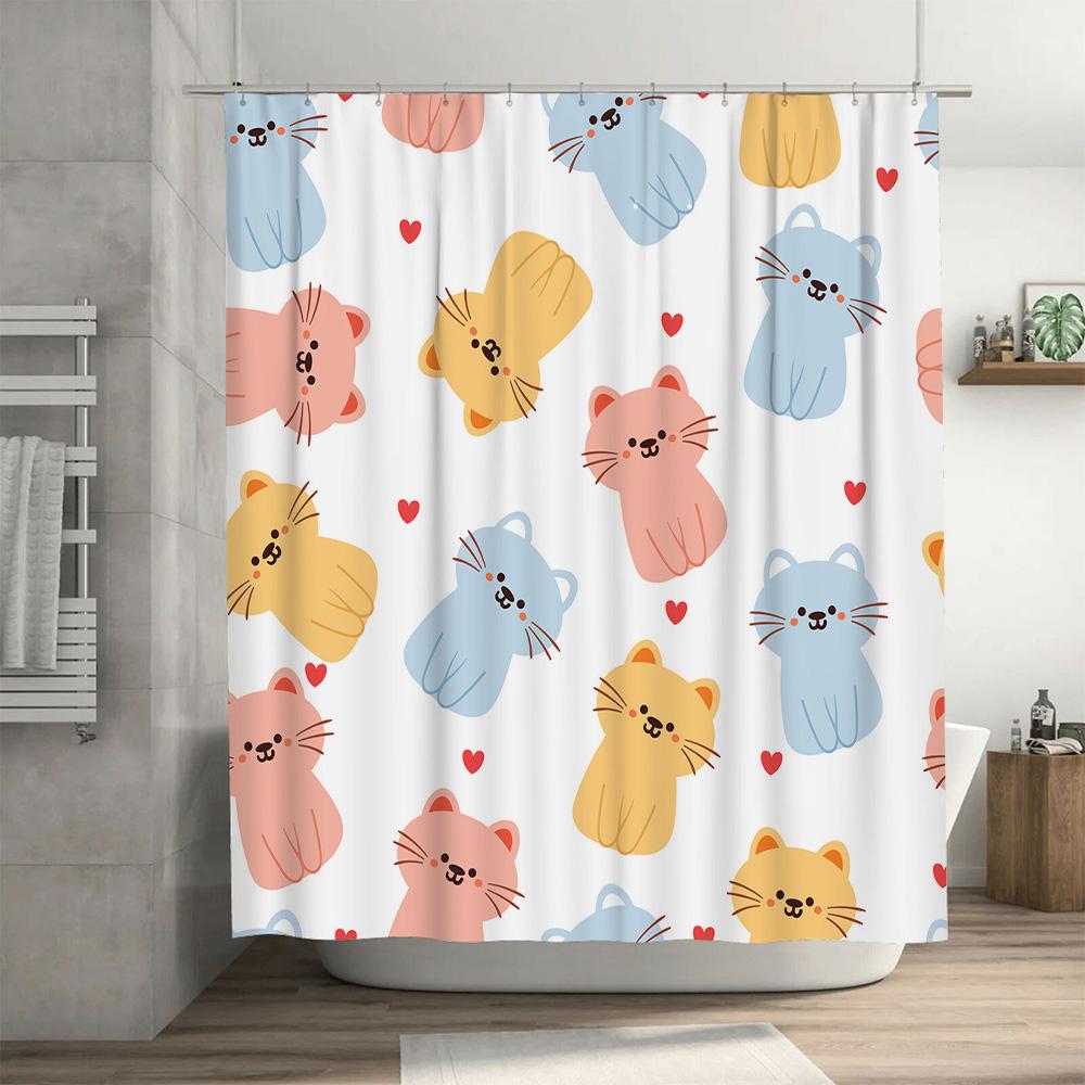 Adorable Cats Print Shower Curtain Set Blue, Pink Yellow Colors With Love Hearts Pattern For Bathroom Decor