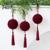 Holiday Gift Wrapping Decorations Burgundy Flocked Christmas Ball Ornaments with Tassels and Gold Beads, Indoor Winter Festive Hanging Decor