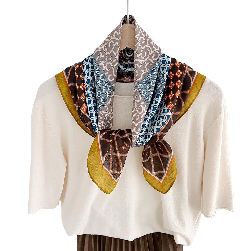 Vintage Geometric Herringbone Silk Cotton Small Square Scarf Women's Autumn Fashion Decoration Suit Scarf Headband Bag Silk Scarf