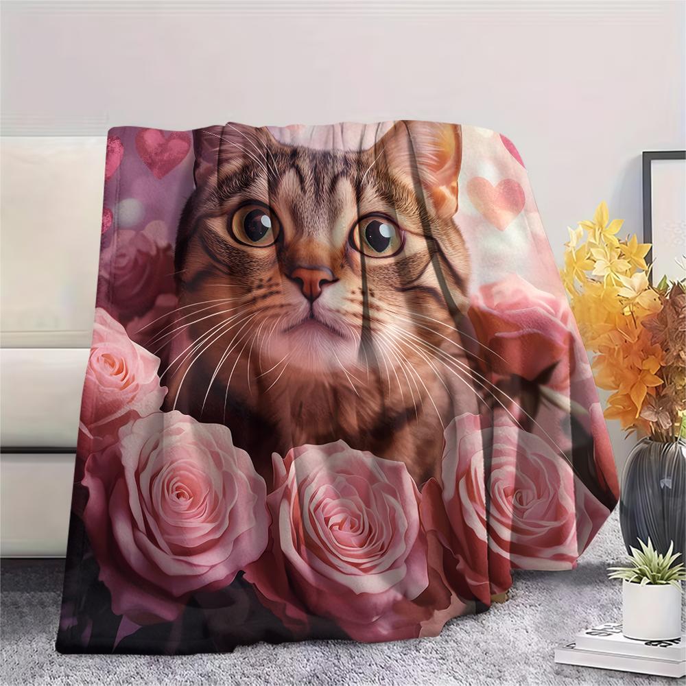 American Shorthair and Roses,pattern Flannel Blanket, High quality Comfortable for All Seasons, Home Decor, Warmth and Comfort, Perfect for Gifts.