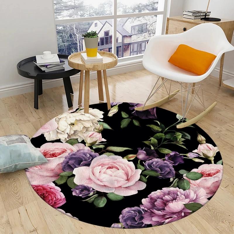 Peony Rose Flower Round Carpet Botanical Floral Area Rug Soft Non-slip Circle Floor Mat for Bedroom Living Room Chair Sofa Decor