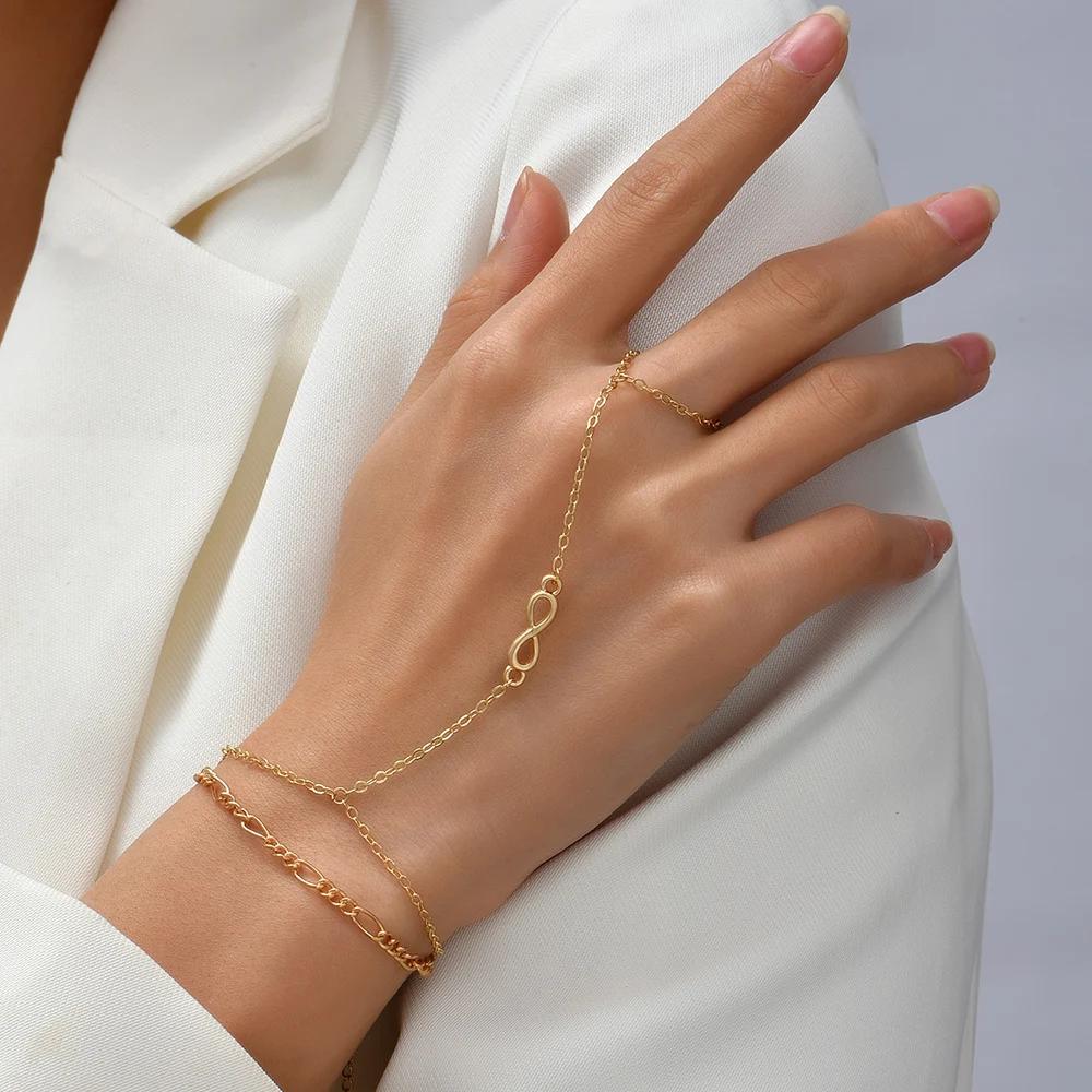 Braccialetto Anello Mano Delicato Placcato Oro Catene a Maglia Fatte a Mano Braccialetti a Pettorina Gioielli per Mano da Donna Regalo Trendy