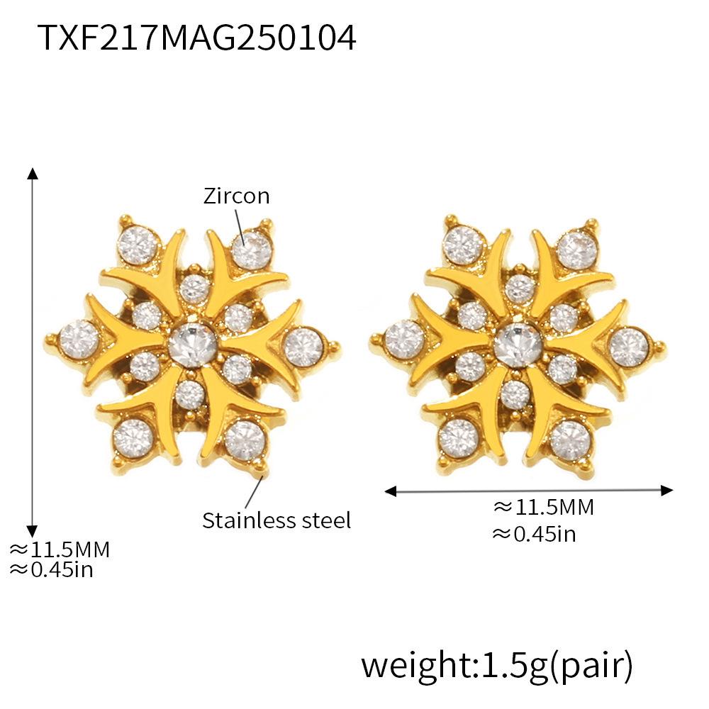Qiong Yao Handmade Zirconia Snowflake Earrings, 18K Gold-Plated Stainless Steel, Niche Fashion Studs.
