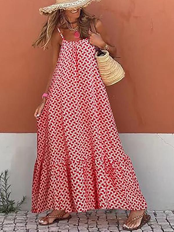 Bohemian Ruffle Edge Spaghetti Strap V-Neck Long Dress