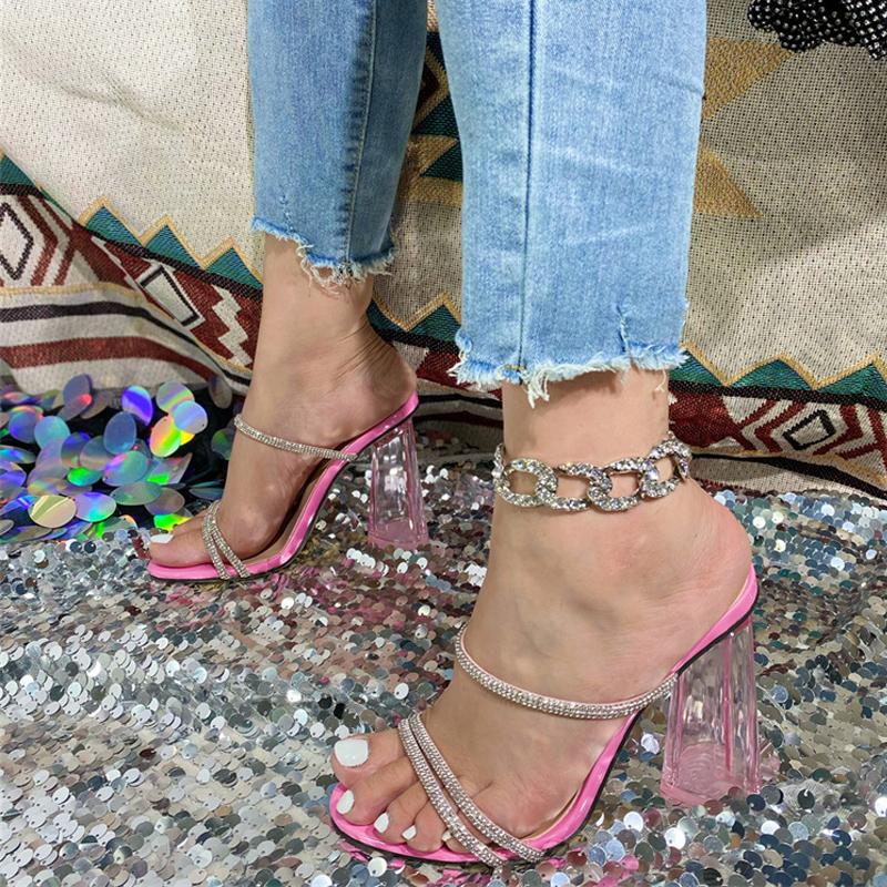 Liyke Summer Fashion Crystal Rhinestone Women Slippers Outdoor Party Open Toe Transparent High Heels Sandals Female Shoes Pumps