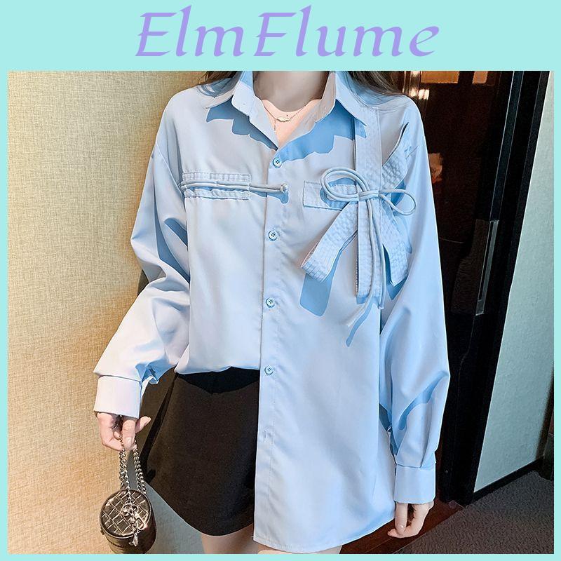 Women Collar Polo Blue Shirt Design Sense Niche Bow Long Sleeve Shirt Fashion Ageing Sweet Ladies Shirt