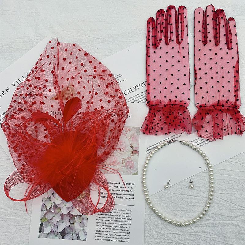 1920S Prom Spotted Headgear Veil Set Vintage Prom Gloves Combination