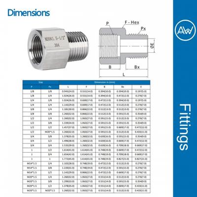 AW® 304 Stainless Steel Hex Adapters Connector Female To Male Pipe Fitting Thread BSP 1/8"1/4"3/8"1/2"3/4"High Pressure 6000psi