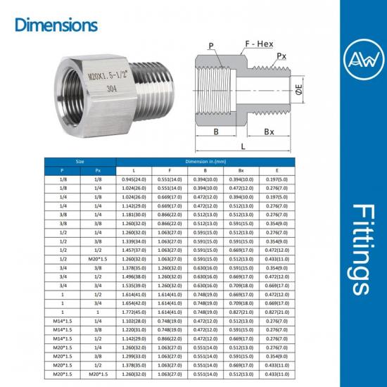 

AW® 304 Stainless Steel Hex Adapters Connector Female To Male Pipe Fitting Thread BSP 1/8 1/4 3/8 1/2 3/4 High Pressure 6000psi BSPP1I8 - BSPT1I4