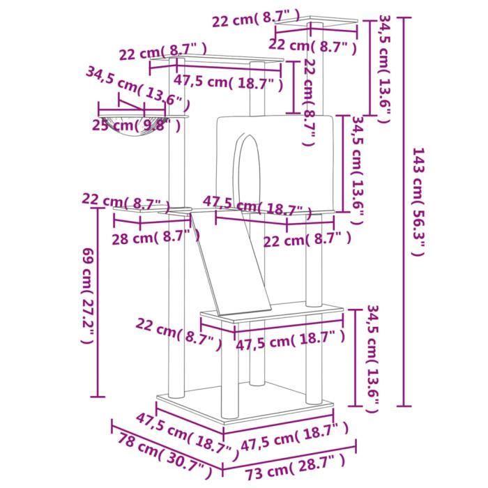 VidaXL Arbre à chat avec griffoirs en sisal gris foncé 143 cm 171731
