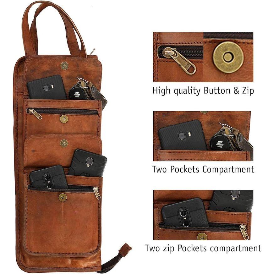 

Leather Drumstick Bag Floor Tom Hooks | Holds 10-12 Drumsticks Mallets Brushes | Percussion Stick Bag with Strap & Handles