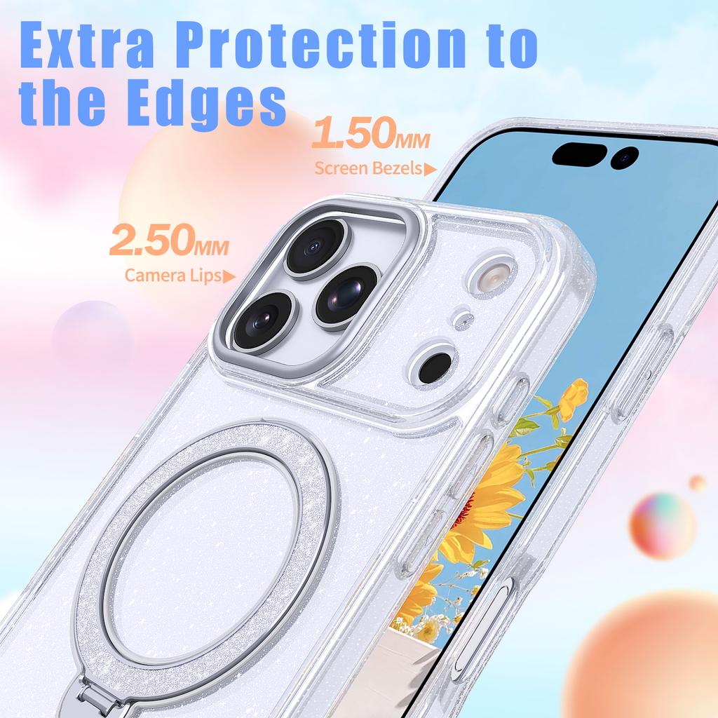 Premium Glitter Magnetic Case For iPhone 11 12 13 14 15 16 Plus Air 17 Pro Max 17e 360° Rotating Stand TPU Frame Acrylic Cover