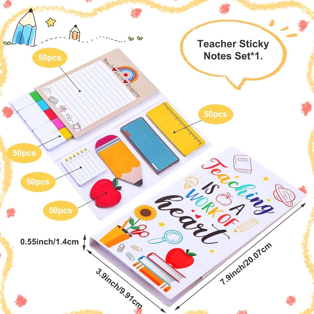 Teacher Appreciation Gifts-Teaching is A Work of Heart Sticky Notes Set Fun Self-Stick Note Pads Writing Notes School Office Supplies Suitable for