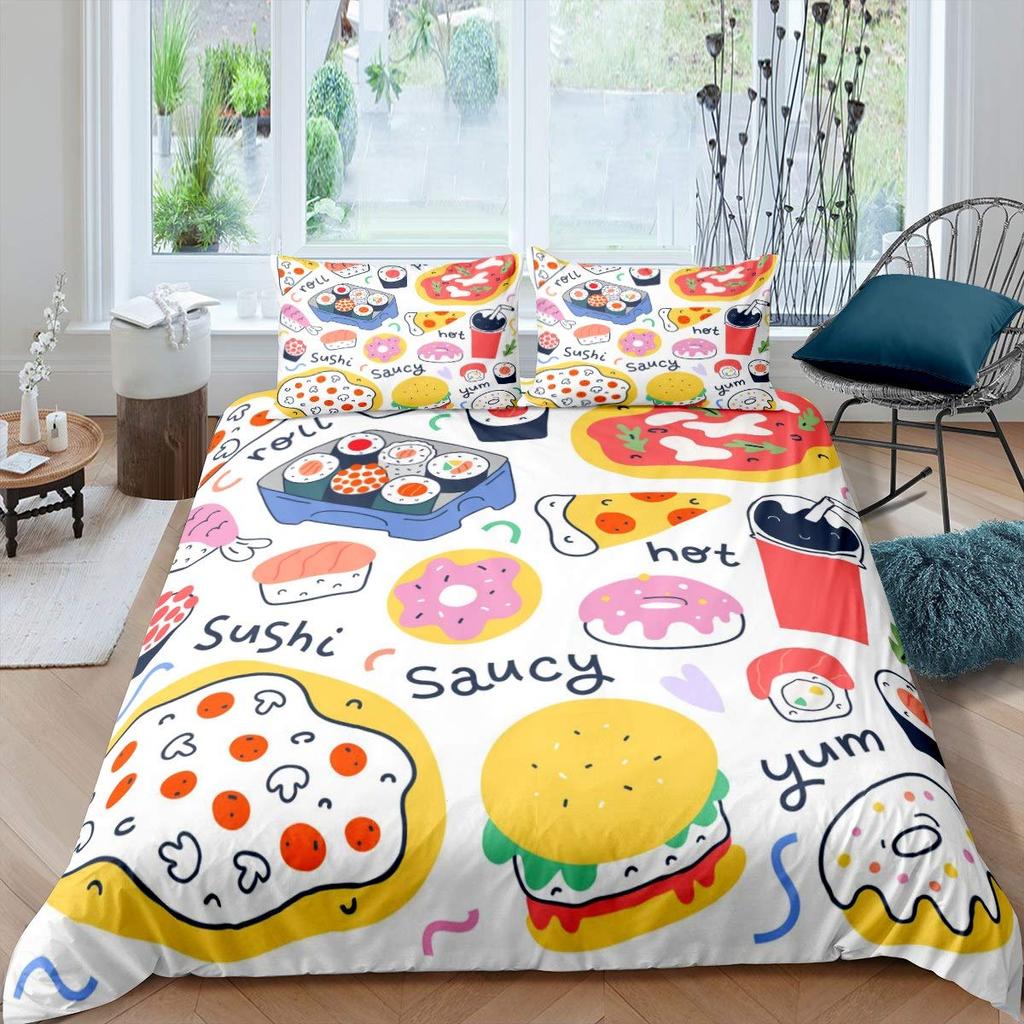 American Fast Food Duvet Cover Set Full Size Polyester Pizza Hotdog Hamburger Print Bedding Set French Fries Cartoon Quilt Cover