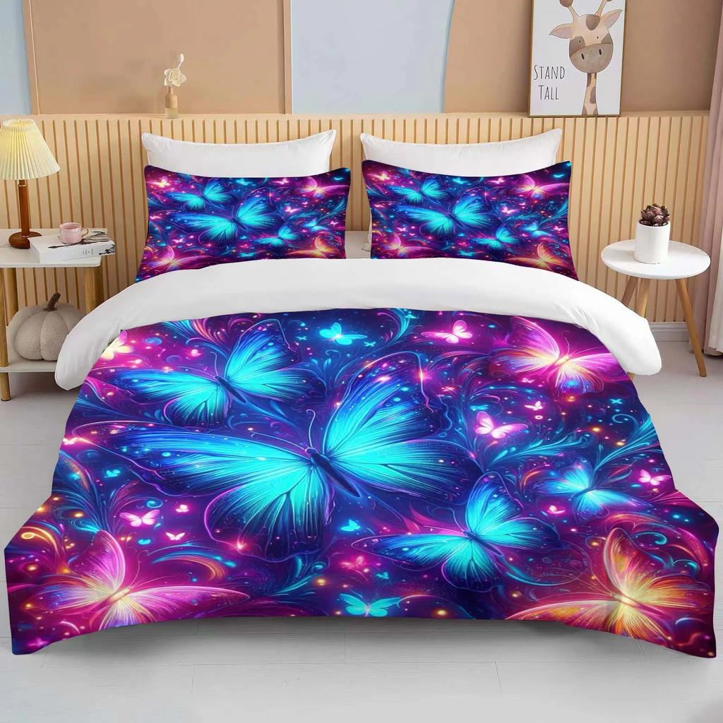 Neon Romantic Butterfly Roses Print Bedding Set Duvet Cover 1 Duvet Cover 2 Pillowcases Adult and Children Bedding Set Luxury