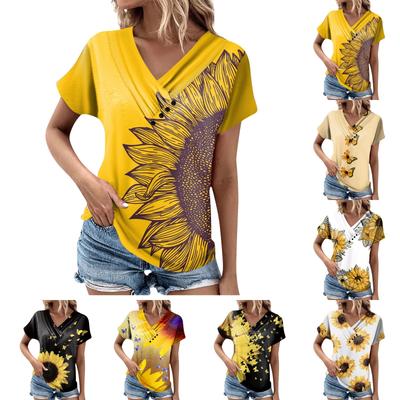 Damski Modny T-shirt z Nadrukiem Słonecznika Plisowany Zapinany na Guziki Dekolt w Serek Krótki Rękaw