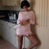 European & American Women's Fashion Lace Knit Dress - Autumn/Winter Solid Color, Round Neck, Long Sleeve, Short Length.