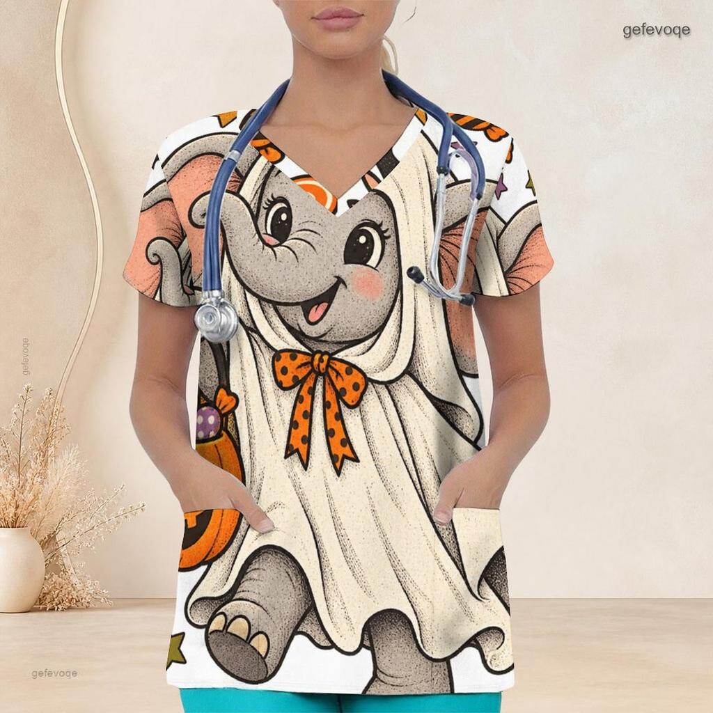 Women Plus Size V Neck Short Sleeve Scrub Top Cowboy Hat Pumpkin Sunflower Cactus Halloween Print Nurse Uniform Top