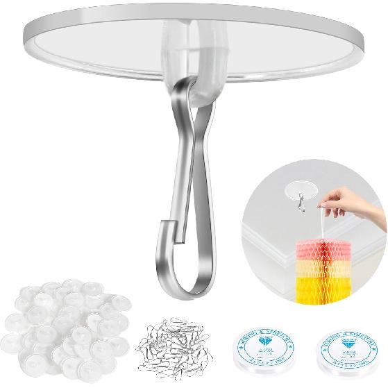 10-Pack Self-Adhesive Ceiling Hooks with 80ft Hanging Line for Paper Lanterns Hanging, Removable Sticky Damage-Free No-Drill Ceiling Wall Hooks for