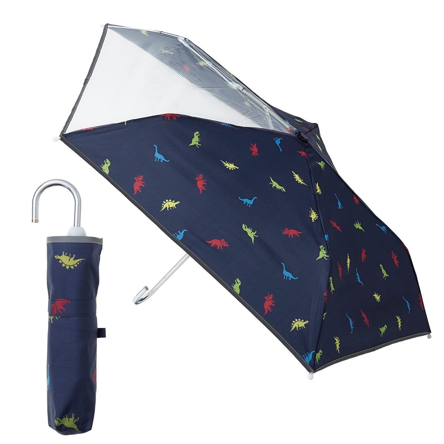 

estaa Детский складной зонт с прозрачным окном, ветрозащитный зонт для детей и мальчиков, светоотражающая лента с изображением динозавра, светоотражающие спицы, защищающие пальцы, 50 см темно-синий