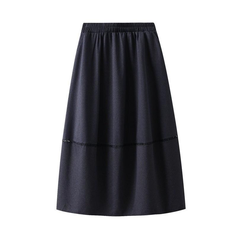 Qooth Denim Skirt with Pockets Mid Length Flare Skirt Slim Autumn Fall Casual Skirt QT2732