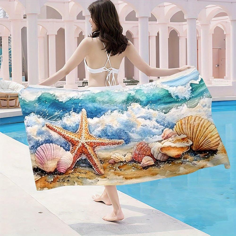 1pc Microfiber Beach Towel - Oversized Lightweight Quick-Dry Sand-Free Absorbent, Vibrant Starfish & Seashells Watercolor Design