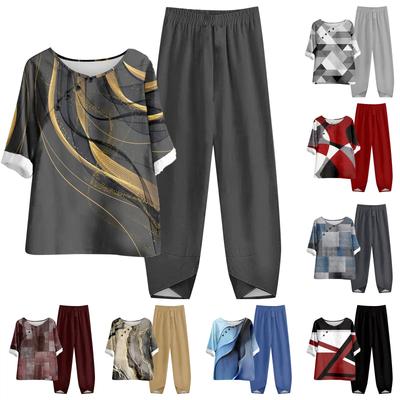 Ensemble deux pièces pour femmes, haut imprimé à manches mi-longues, taille élastique, pantalon neuf pièces, été