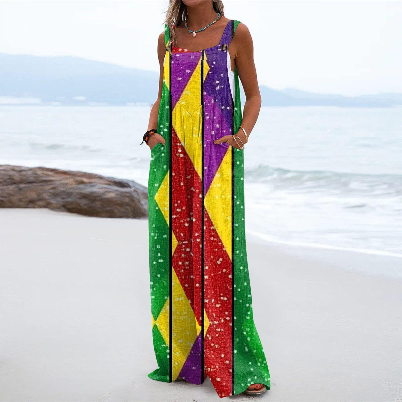 

Широкий комбинезон для женщин, повседневный свободный комбинезон без рукавов с принтом и пуговицами, длинные брюки, комбинезон с карманами L жёлтый