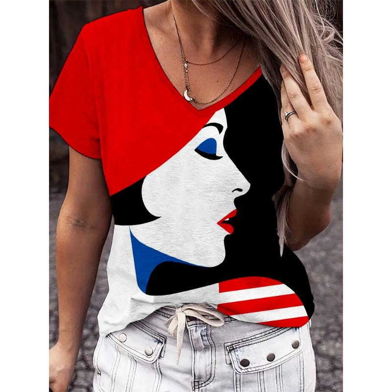 Cartoon Ladies V-neck T-shirt Summer Outdoor Casual Short Sleeve Tops 3D Character Printing