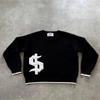 Women's Black Loose Knit Pullover Sweater with Round Neck - European and American Street Style, Casual Long Sleeve Top.