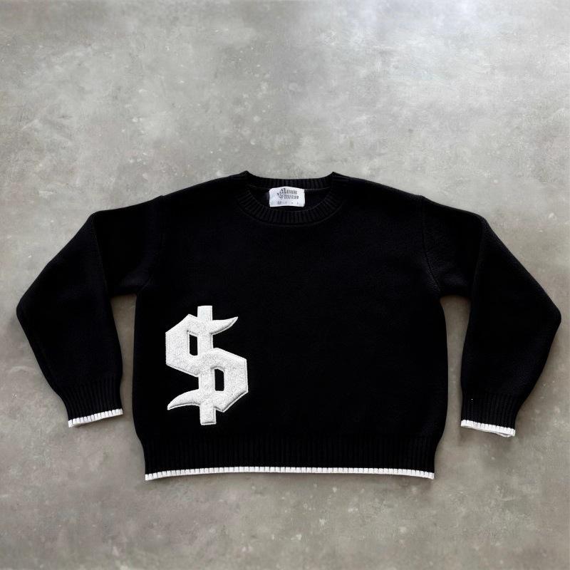 Women's Black Loose Knit Pullover Sweater with Round Neck - European and American Street Style, Casual Long Sleeve Top.