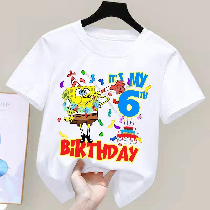 Spongebob New Birthday Figure T-shirt for Children Kawaii Cartoon White Tee Top Kawaii Short Sleeve Boys Girls Short Sleeve Gift