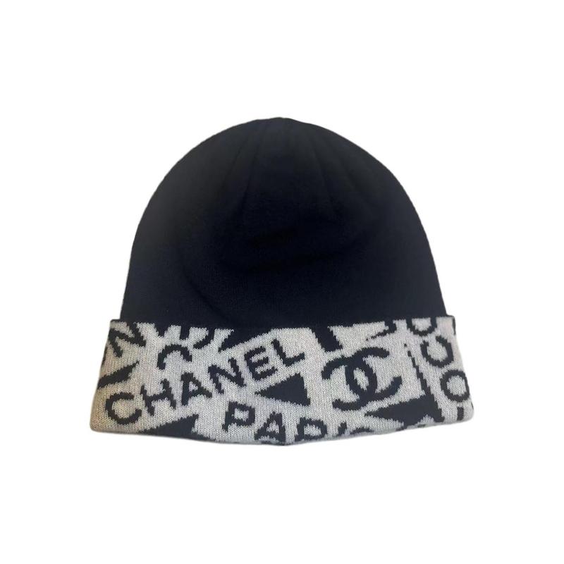 

CHANEL Printed Design Cashmere Wool Hat Unisex Couple Style Navy Blue синій