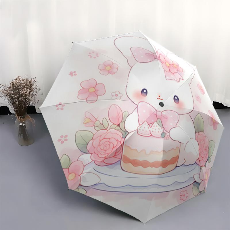 1pc Cake and Cute Bunny Automatic 3-Fold Fashion Umbrella Design, Cute Cartoon Pattern, Portable Outdoor Umbrella, Perfect, Holiday Gift for Disney Fa