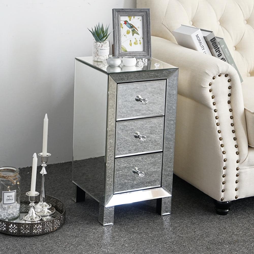 Modern And Contemporary Mirrored 3-Drawers Nightstand Bedside Table Bedroom Furniture