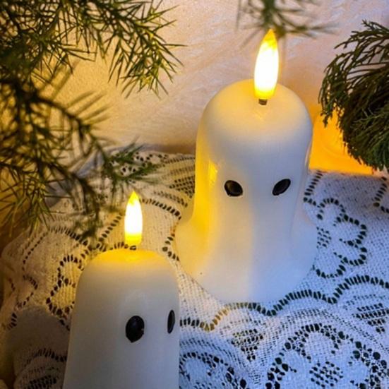 Realistic Wax Ghost Candle Halloween Flameless Candles, Battery Operated LED Flickering Light, Real Bedroom Nightstand Ornament Cute 3D Pillar